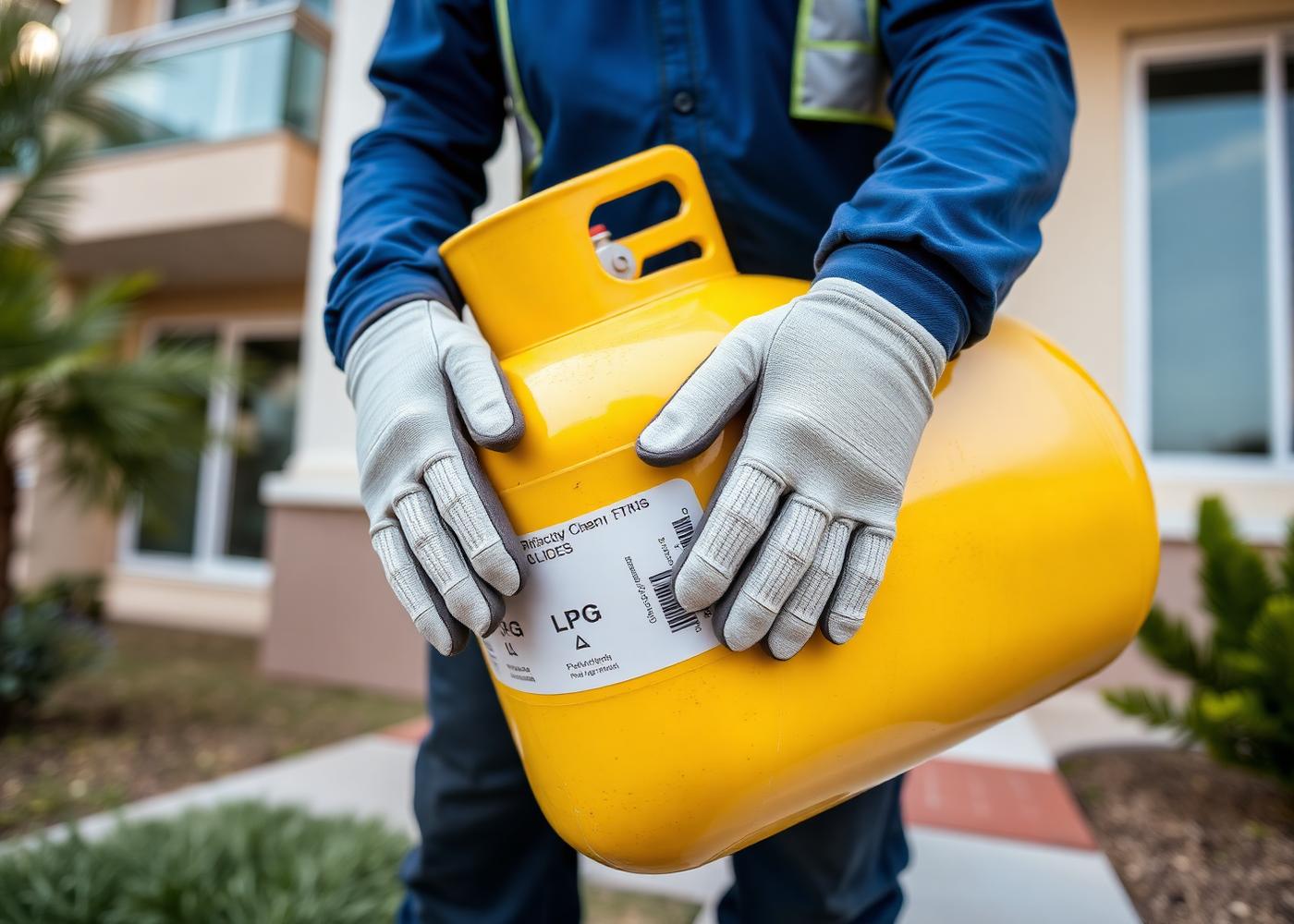 Delivery team member wearing safety gloves carrying a clean yellow LPG cylinder to a residence