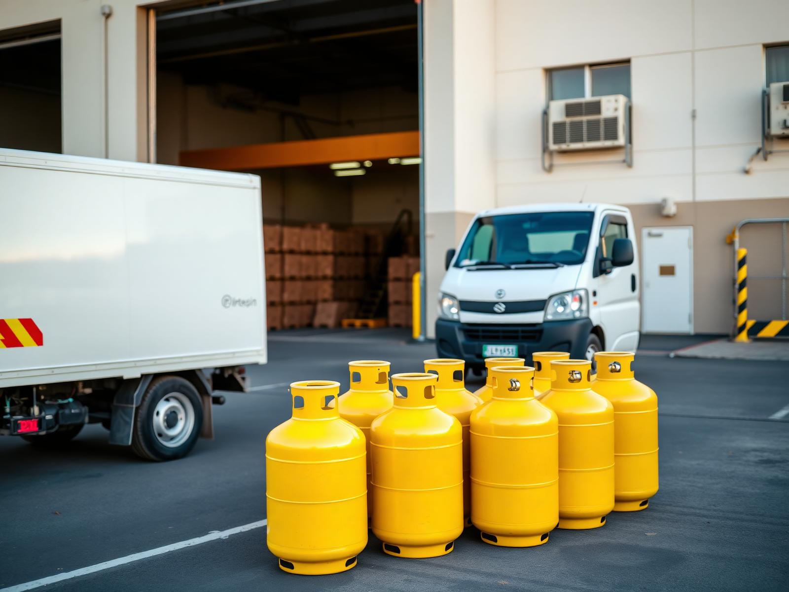Clean yellow LPG gas cylinders beside a delivery van at a supply depot
